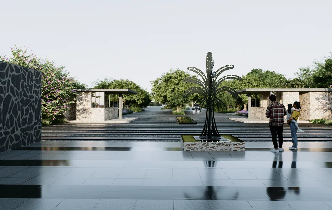 The entrance plaza: a dark stone court, a sculpture of steel palms and the two gate pavilions