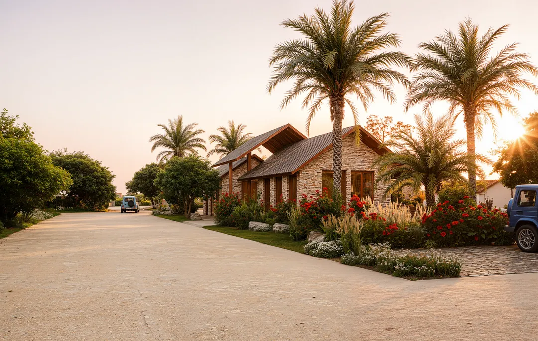 A street of ZeN Rising homes at golden hour: stone walls under timber gables, palms and flowering beds