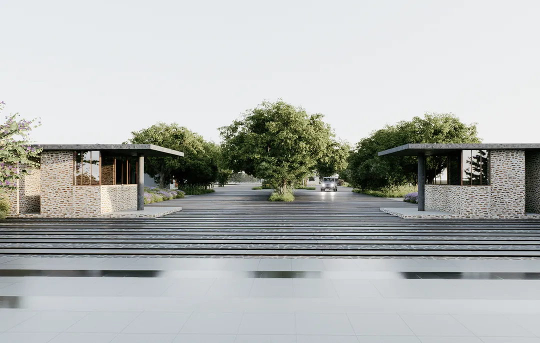 The two gate pavilions in stone and glass, the drive between them