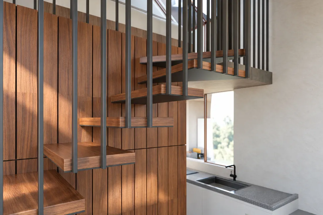 Floating walnut treads on a walnut-clad wall, sunlight across them