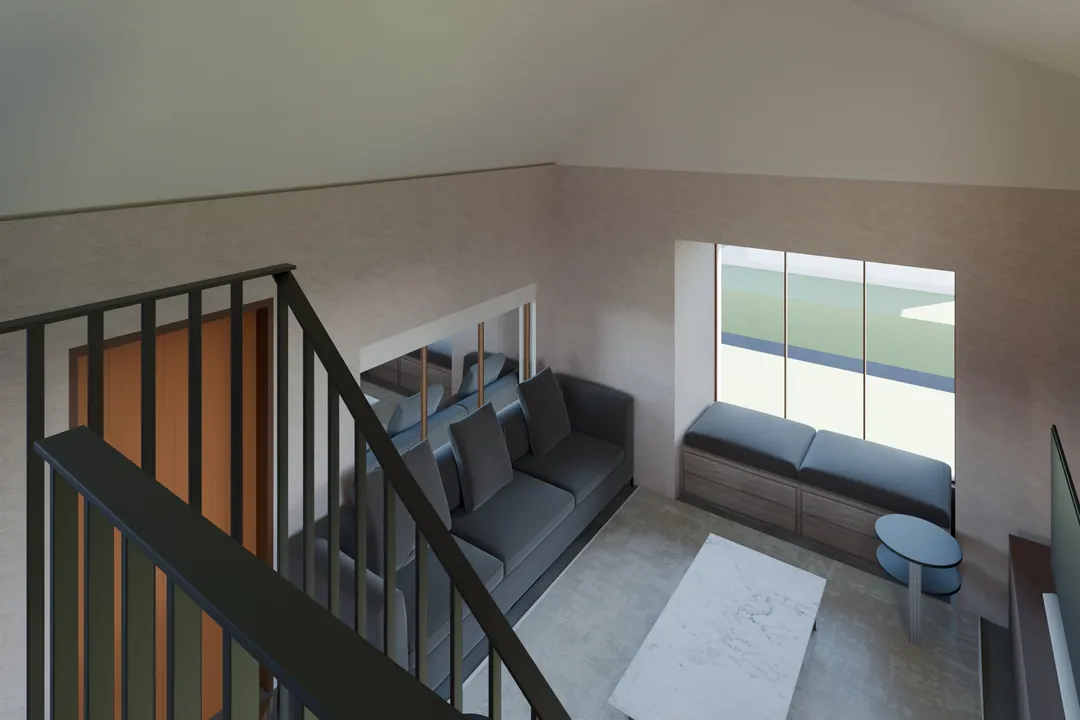 The home as a model: looking down from the loft into the living room